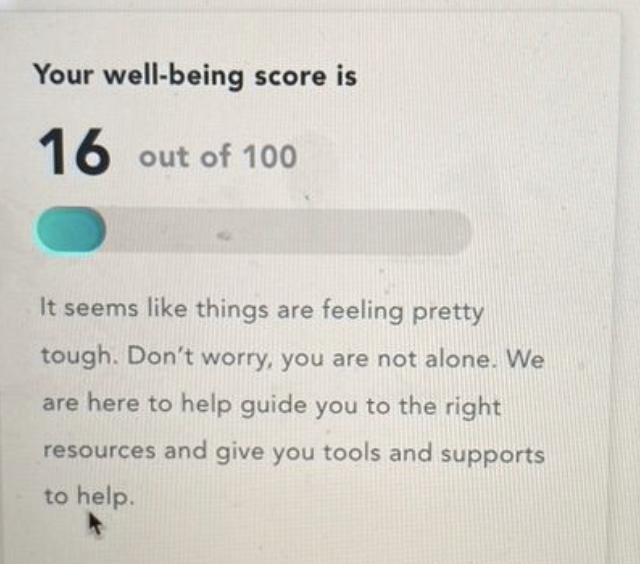 Your well-being score is 16/100. It seems like things are feeling pretty tough. Don't worry, you are not alone.